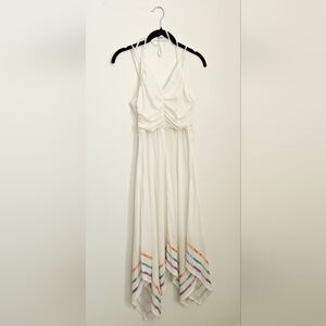 Vintage 60s White Colorful Ribbon Trim Halter Strappy Handkerchief Midi Dress S